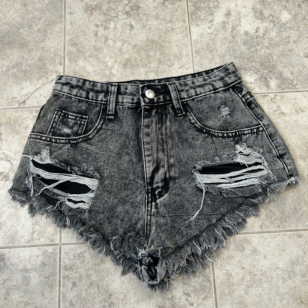 Distressed Black Denim Shorts